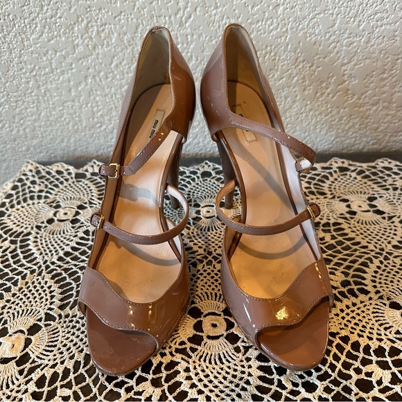 Miu Miu Nude Patent Double Strap Open Toe Mary Jane Heels - Picture 3 of 13